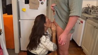A wife gets her husband a dessert and gives him sex