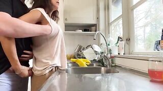 The husband fucked his wife with big boobs in the kitchen