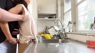 The husband fucked his wife with big boobs in the kitchen