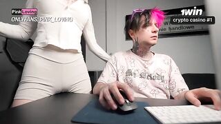 A girl rubs her clit and squirts on the table, showcasing a unique fetish
