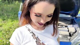 A fit girl fixed her car and called a young couple