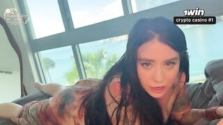 A girl with beautiful green eyes is longing for intimacy on a bed