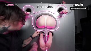 The girl is getting fucked through the glory hole, screaming and coming
