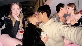 The passionate couple has an intense encounter in the backseat of a car