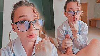 A cute nurse in latex gloves is not allowed to have sex with patients