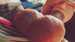 A girl with a silicone mouth works outdoors and likes to moan