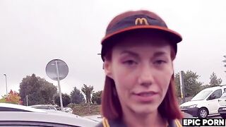 The worker made a mess on the cute girl's ass in a steamy Public Agent scene
