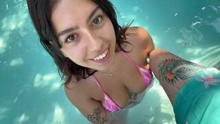 Girl in sexy bikini asks if she can give a blowjob by the pool