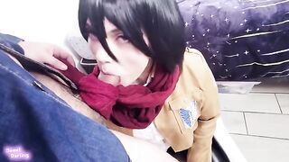 A couple engaged in passionate role play, inspired by Attack on Titan