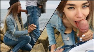 A hot blonde named Veronika Charm skillfully sucks cock outdoors