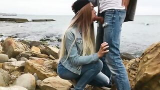 A hot blonde named Veronika Charm skillfully sucks cock outdoors