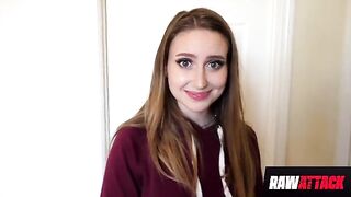 Playful Laney Grey fucks a big dick in her hairy pussy, showcasing her petite frame