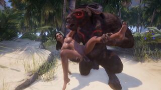 Big-boobed girl gets her pussy railed by two massive monsters in 3D porn